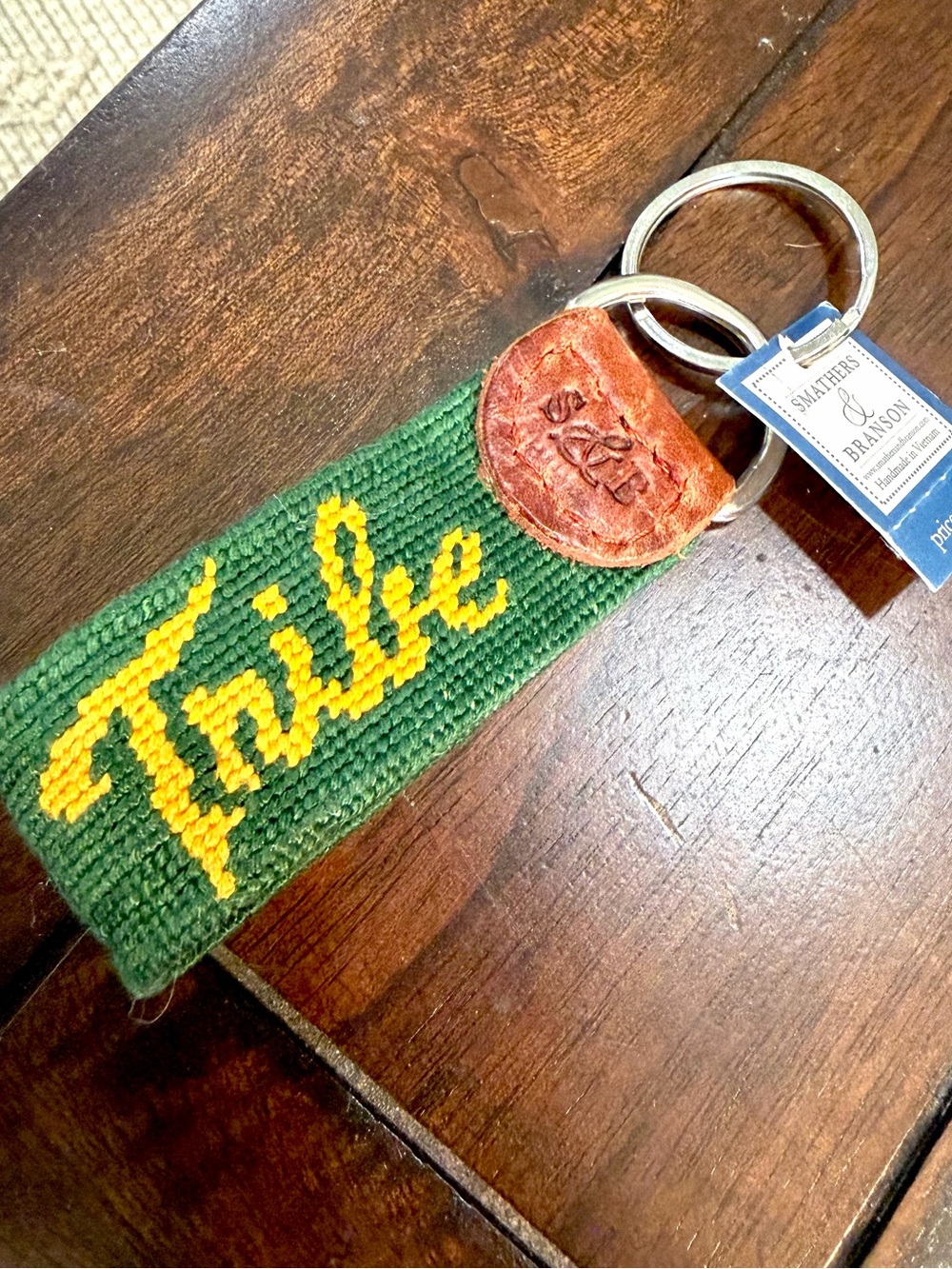 William & Mary Tribe Needlepoint Key Fob Hunter Green Smathers & Branson